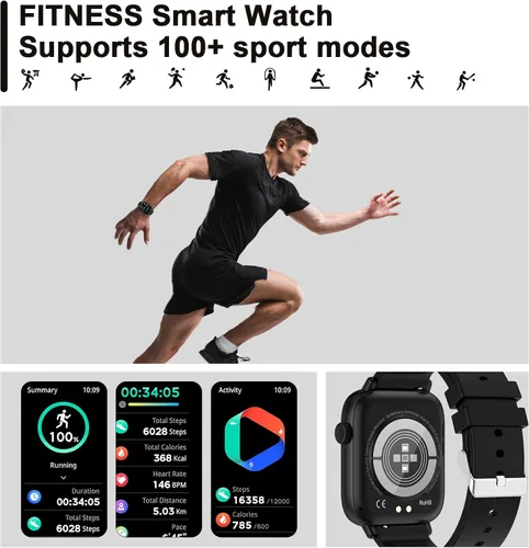 Miniatura 4 de Reloj inteligente con monitor de frecuencia cardíaca, monitor de actividad con podómetro, monitor de sueño, contador de calorías y pasos, reloj Negro