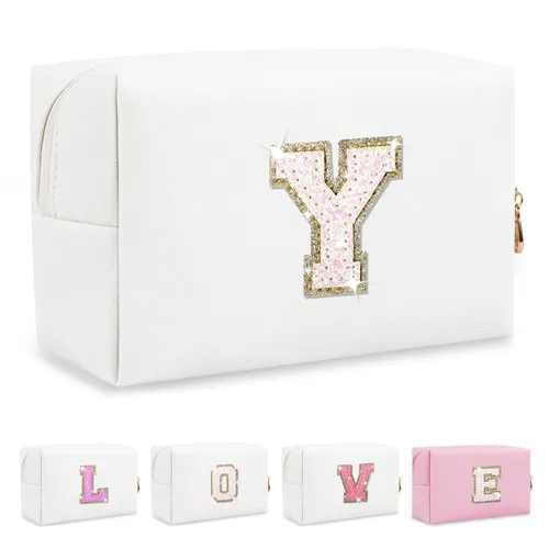 Miniatura 47 de Pequeña bolsa de maquillaje personalizada con inicial A-Z Preppy Patch, bolsa de cosméticos de viaje de felpilla blanca con cremallera, bonita bolsa