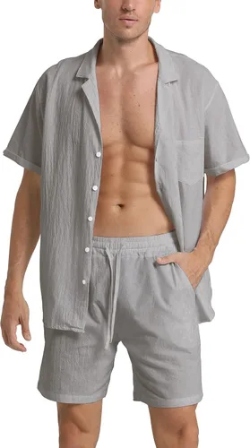 Miniatura 2 de RPOVIG Conjunto corto de camisa de lino conjunto casual de 2 piezas con botones para hombre, Gris