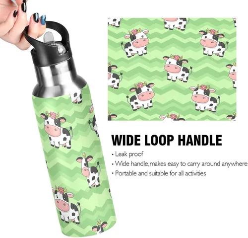 Miniatura 4 de Stainless Steel Vacuum Insulated Water Bottle 20 Oz, Leakproof Water Bottles for Gym Outdoor Travel School, Cute Cartoon Cows Green