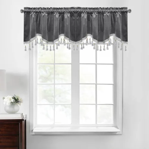 Miniatura 13 de StangH Cortinas decorativas de lujo, cenefa azul con bloqueo de luz, cenefa festoneada para ventana pequeña con bolsillo sólido para barra, cortina