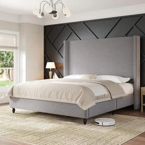 Miniatura 16 de AMERLIFE Base de cama tapizada tamaño Queen con cabecera de 50.8 pulgadas de alto, cama de plataforma con respaldo de alas con patas de madera