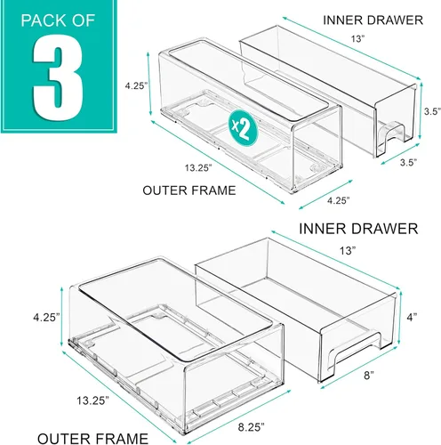 Miniatura 3 de Sorbus 1 Cajon Mediano Claro y 2 Cajones Pequeños Claros Apilables – Cajones Organizadores de Plástico con Manijas – Cajones de Almacenamiento 1M+2 S