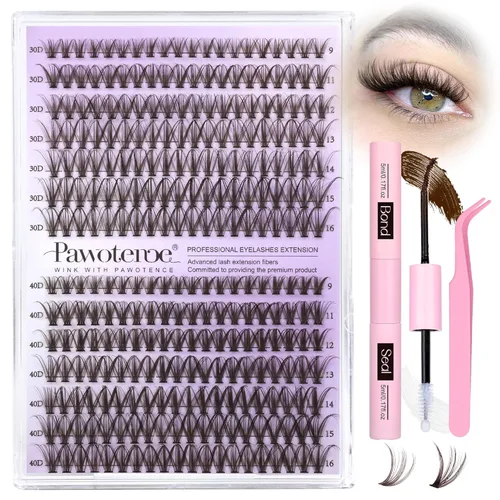 Miniatura 19 de Extensiones de pestañas Pawotence, racimos de 280 piezas, pestañas individuales en racimo, extensiones de pestañas 50D, mezcla de 9-16 mm, racimos