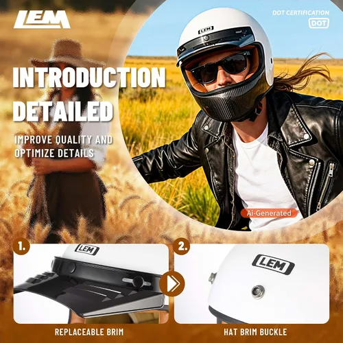 Miniatura 5 de LEM Casco Retro de Motocross en Fibra de Carbono, Casco Integral de Motocicleta para Todoterreno DOT para Hombres, Casco de Motocicleta Vintage