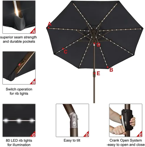 Miniatura 4 de EliteShade USA - Sombrilla solar de 9 pies / 2.74 metros, 10 años sin decoloración, con 80 luces LED para patio, mesa al aire libre, con Negro