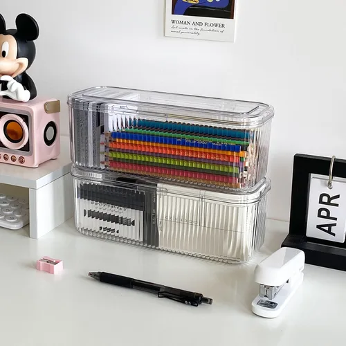 Miniatura 8 de Organizador de bolígrafos transparente con tapa, caja de almacenamiento de accesorios de cajón de escritorio de plástico para oficina en casa