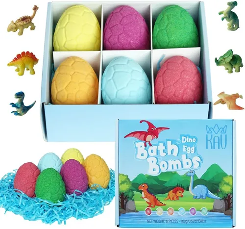 KAV Bombas de baño de huevo de dinosaurio para niños, juego de regalo de 6 piezas de bombas de baño de dinosaurio con juguete sorpresa en el