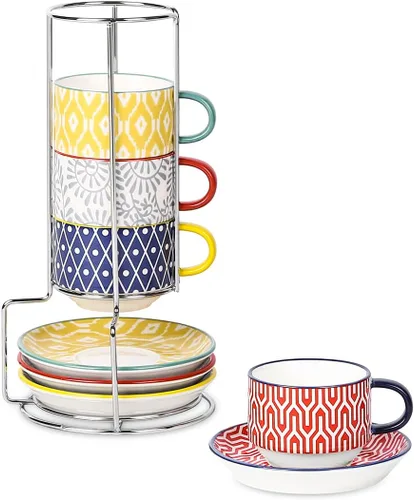 Miniatura 11 de Selamica Tazas de café expreso de cerámica con platillos y soporte de metal, tazas demitasse apilables de 2.5 onzas para café expreso, latte, café