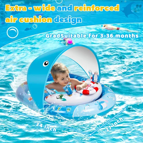Miniatura 6 de Flotador de piscina para bebé con toldo, flotador de natación para bebé con toldo de protección solar UPF50+ y consola de juegos de juguete