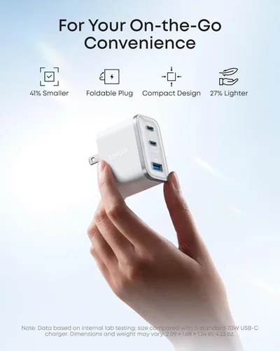 Miniatura 3 de Anker Cargador nano, salida ultrarrápida de 70 W, bloque de cargador USB C de 3 puertos, carga rápida, compacto y elegante, para iPhone serie 17/16