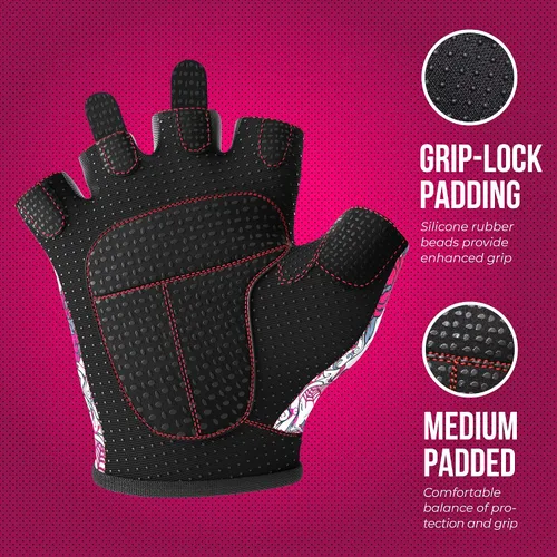 Miniatura 3 de Contraband Pink Label 5237 - Guantes de entrenamiento de diseñador para mujer, estampado de calavera de azúcar y acolchado Grip-Lock™ (rosa, XS)