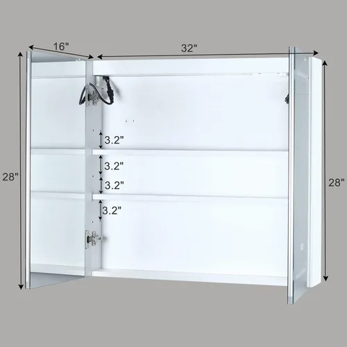 Miniatura 2 de Karl home Botiquín de baño de 32 x 28 pulgadas con 2 puertas con espejo LED, gabinete de baño regulable de 3 colores montado en la pared con Blanco