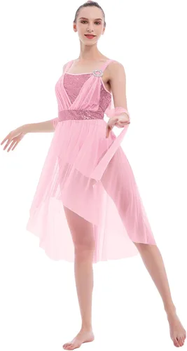 Miniatura 5 de IBAKOM Disfraces de baile lírico para mujer, vestido de baile contemporáneo con lentejuelas brillantes, vestido de baile fluido de gasa