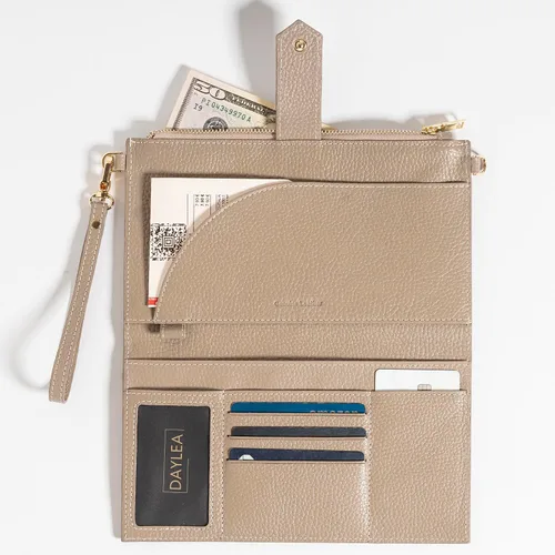 Miniatura 5 de Cartera de cuero genuino para mujer con protección RFID, cartera plegable para teléfono celular, con cremallera, diseño delgado, con múltiples