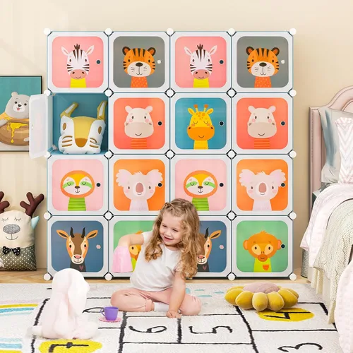 Miniatura 2 de HONEY JOY Armario para niños, organizador de almacenamiento de ropa de dibujos animados para bebés, 8 cubos y 2 secciones para colgar, armario Azul
