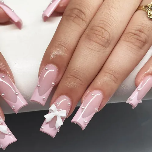 Miniatura 12 de Lindas uñas a presión de tamaño mediano - Uñas falsas cuadradas con punta francesa, uñas acrílicas rojas de cobertura completa brillantes