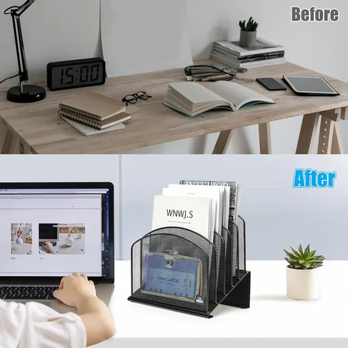 Miniatura 7 de Delifox Organizador de escritorio inclinado, soporte de archivos de 5 secciones con bandeja vertical para carpetas, estante de metal clasificador