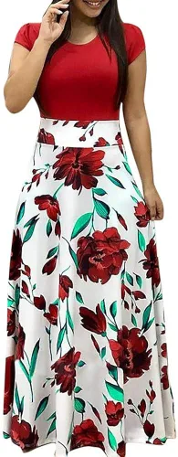 ZEFOTIM Maxi Dress for Women,Summer Fashion Floral Print Bodycon Dress Casual Short Sleeve Crewneck Party Beach Dress