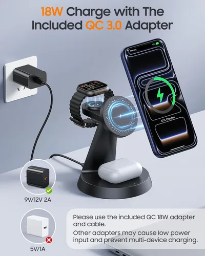 Miniatura 8 de Meifigno Estación de carga magnética 3 en 1 para dispositivos Apple, cargador inalámbrico rápido de 15 W compatible con soporte de carga MagSafe