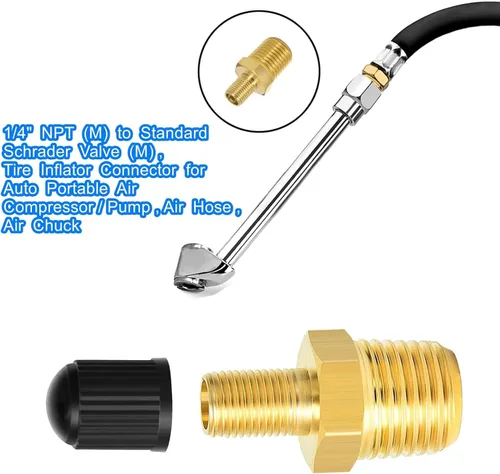Miniatura 6 de 2 piezas de adaptador de inflador de aire de latón 1/4 NPT (M) a válvula Schrader estándar (M), válvula de tanque, conector de inflador de 1/4