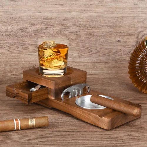 Miniatura 4 de Scotte Posavasos Cenicero Bandeja de Vaso de Whiskey y Cenicero de Madera con Cortador de Puros, Incluye Cajón y Ranura para Puros Hogar Oficina