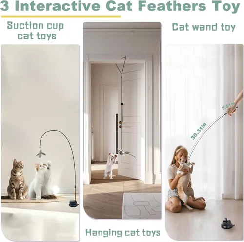 Miniatura 2 de Juguetes para gatitos 7 en 1 para gatos de interior con ventosa adhesiva lavable, juguetes interactivos para gatos, palo de vid plateada y cuerda