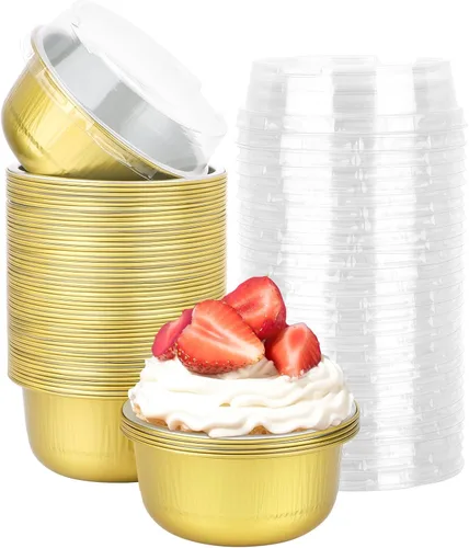 Miniatura 9 de Beasea Ramequines con tapas, 8oz 50 unidades de tazas de aluminio desechables para hornear, tazas de papel de aluminio plateado para creme brulee