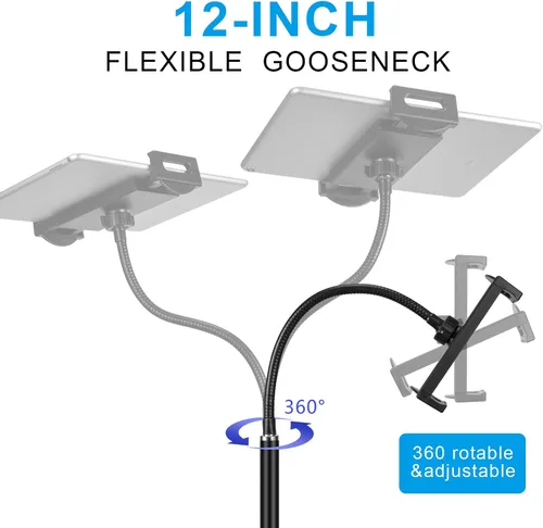 Miniatura 4 de Soporte de suelo para tableta con base de doble peso, soporte de metal giratorio de 360 grados con soporte flexible de cuello de cisne de brazo