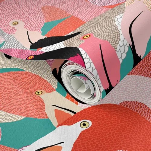 Miniatura 2 de Spoonflower Despegar y pegar muestra de papel tapiz - Naranja Rosa Grande Flamenco Pájaro Plumas Tropical Florida Coastal Collage Ilustración Casa