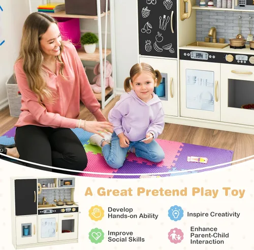 Miniatura 7 de Play Kitchen, juguete de cocina de madera para niños con microondas, nevera, horno fácil de hornear, pizarra y máquina de hielo, juguetes de cocina
