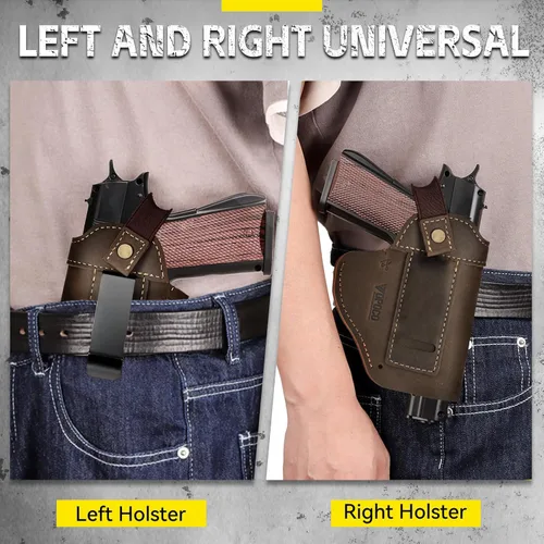 Miniatura 4 de Funda de pistola universal de cuero IWB/OWB para hombre y mujer, derecha/izquierda, funda oculta compatible con Glock 17/19/23/26/42/43X, Taurus