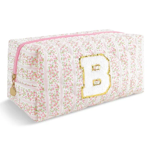 Miniatura 107 de Pequeña bolsa de maquillaje personalizada con inicial A-Z Preppy Patch, bolsa de cosméticos de viaje de felpilla blanca con cremallera, bonita bolsa