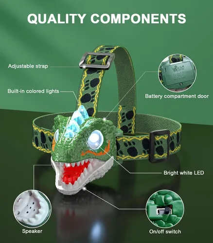Miniatura 6 de Linterna de Cabeza para Niños - Linterna LED de Dinosaurio con Banda Ajustable para Niños y Niñas, 3 Modos de Iluminación - Perfecta para Acampar