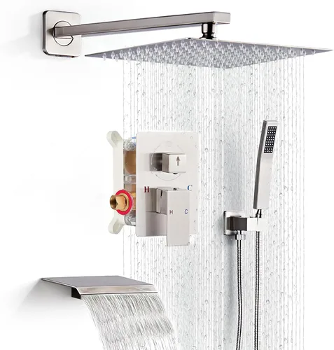 Juego de grifo de ducha con boquilla de bañera, sistema de ducha de lluvia de níquel cepillado completo montado en la pared para baño con cabezal de