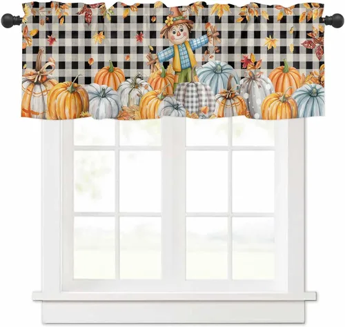 Miniatura 21 de Cenefas de gnomo de invierno para cocina, cafetería, cenefa de ventana de pino nevado de Navidad, cortinas cortas de copo de nieve azul, 60 x 18