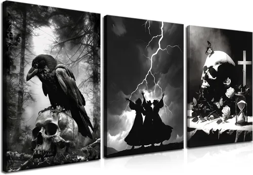 Miniatura 13 de Juego de 3 lienzos góticos para pared, diseño de rosas románticas de Halloween, decoración de pared, pósteres de calavera de cuervo gótico oscuro