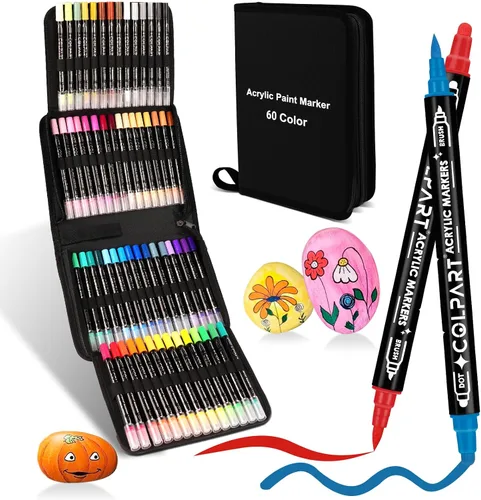 Marcadores de pintura acrílica de 60 colores, bolígrafos de pintura acrílica de doble punta para pintura de rocas, decoración de Halloween,