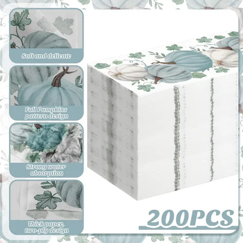 Miniatura 6 de Geyoga 200 servilletas decorativas de papel desechables para invitados de otoño, Día de Acción de Gracias, calabazas azules y blancas, servilletas