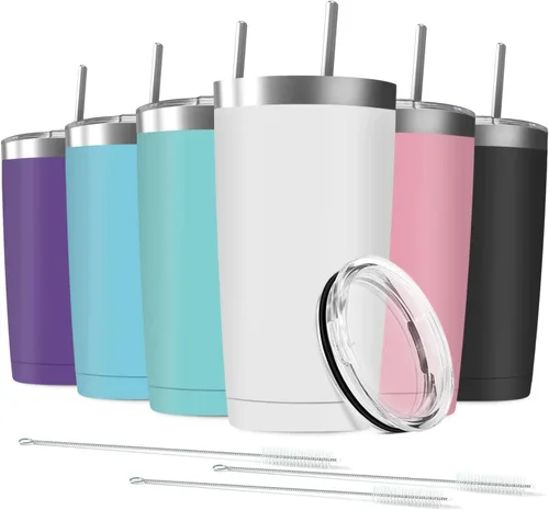 Paquete de 6 Vasos Térmicos de Acero Inoxidable de 20 oz con Pajita y Tapa, Taza de Café de Viaje de Doble Pared con Aislamiento al Vacío, Vaso