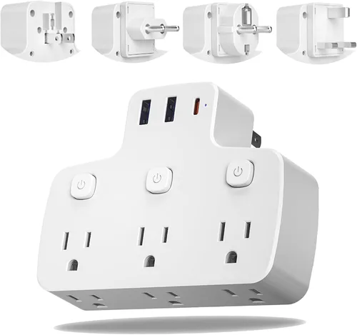 Adaptador de enchufe de viaje europeo USB C, adaptador de corriente universal internacional con enchufe tipo A/C/G/E/F extraíble, 6 tomacorrientes 3