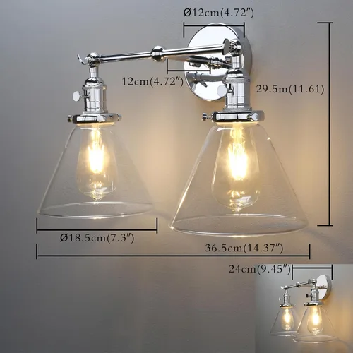 Miniatura 3 de PERMO Aplique doble cromado industrial de 2 luces, apliques de pared con pantalla de vidrio transparente acampanada en forma de embudo, luz