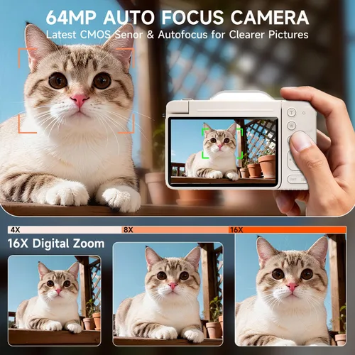 Miniatura 5 de Cámara digital 4K para fotografía, cámara de video de enfoque automático de 64 MP para YouTube con pantalla abatible de 180 de 3 pulgadas, cámara