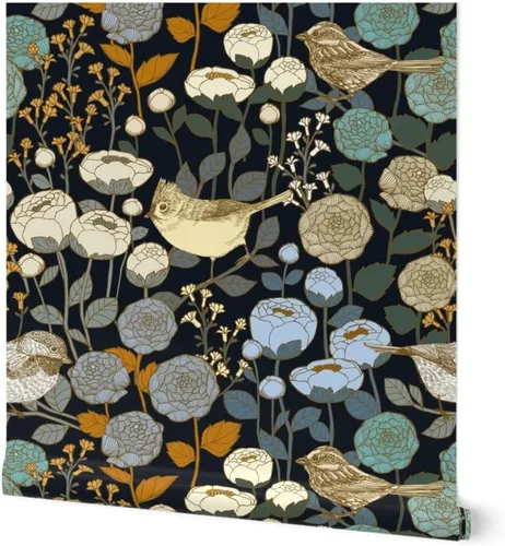 Papel tapiz para despegar y pegar, diseño de pájaros negros con diseño de jardín de invierno, diseño de pájaros negros y oscuro, papel tapiz