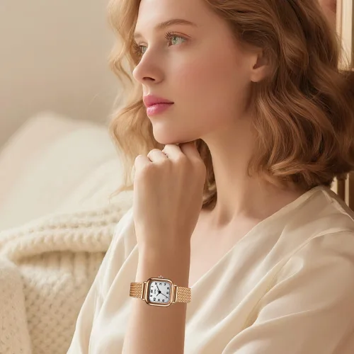 Miniatura 3 de Reloj cuadrado de oro rosa para mujer con esfera de números arábigos pequeños, pulsera de acero inoxidable, movimiento de cuarzo, resistente al agua