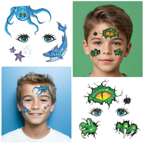 Miniatura 4 de Leesgel 24 hojas de tatuajes faciales con purpurina para niños, tatuajes de pintura facial para cumpleaños de niños y niñas, recuerdos de fiesta