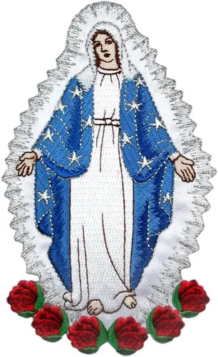 Parche bordado completo con apliques de Virgen María, diseño plateado metálico de Santa María (sin letras)