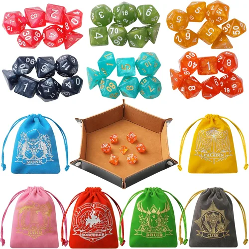 Juego de dados Grajar D&D con fundas para dados con patrón de personajes, juego de 42 piezas de dados poliédricos, bandeja de PU de cuero y