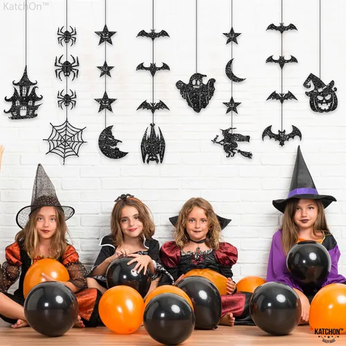 Miniatura 7 de KatchOn, Guirnalda de Halloween negra con purpurina, enorme, paquete de 10 unidades, guirnalda de decoración de fiesta de Halloween con recortes