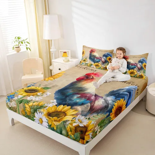 Miniatura 3 de Bonita sábana bajera ajustable para niños, tamaño individual, juego de ropa de cama rústica de pollo, decoración de dormitorio para niños y adultos